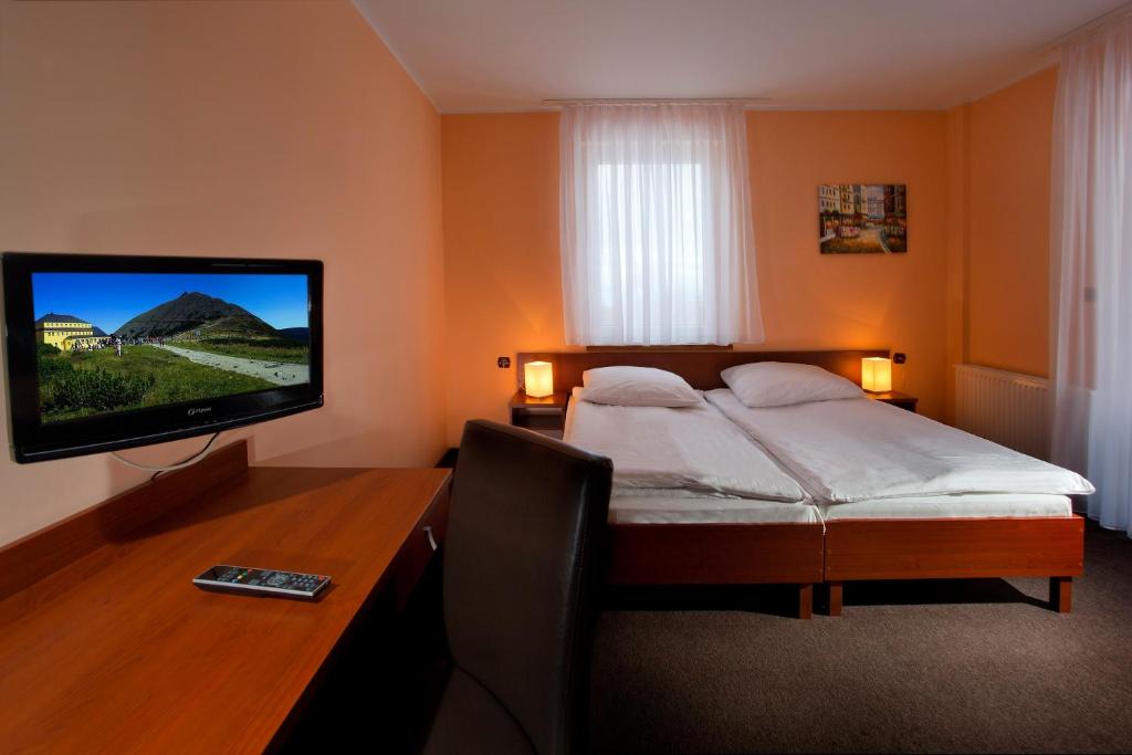 a bedroom with a bed and a desk with a television at Toreja in Karpacz