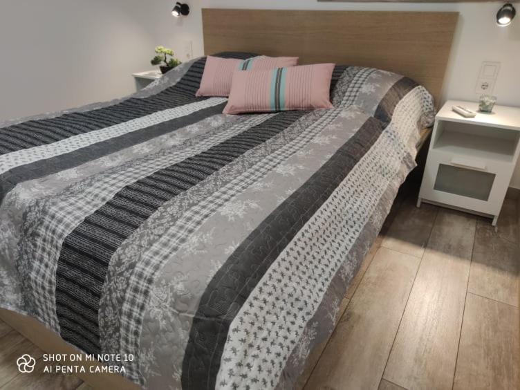 バラトンフレドにあるFüred Apartmanházの大型ベッド(ピンクとグレーの毛布、枕付)