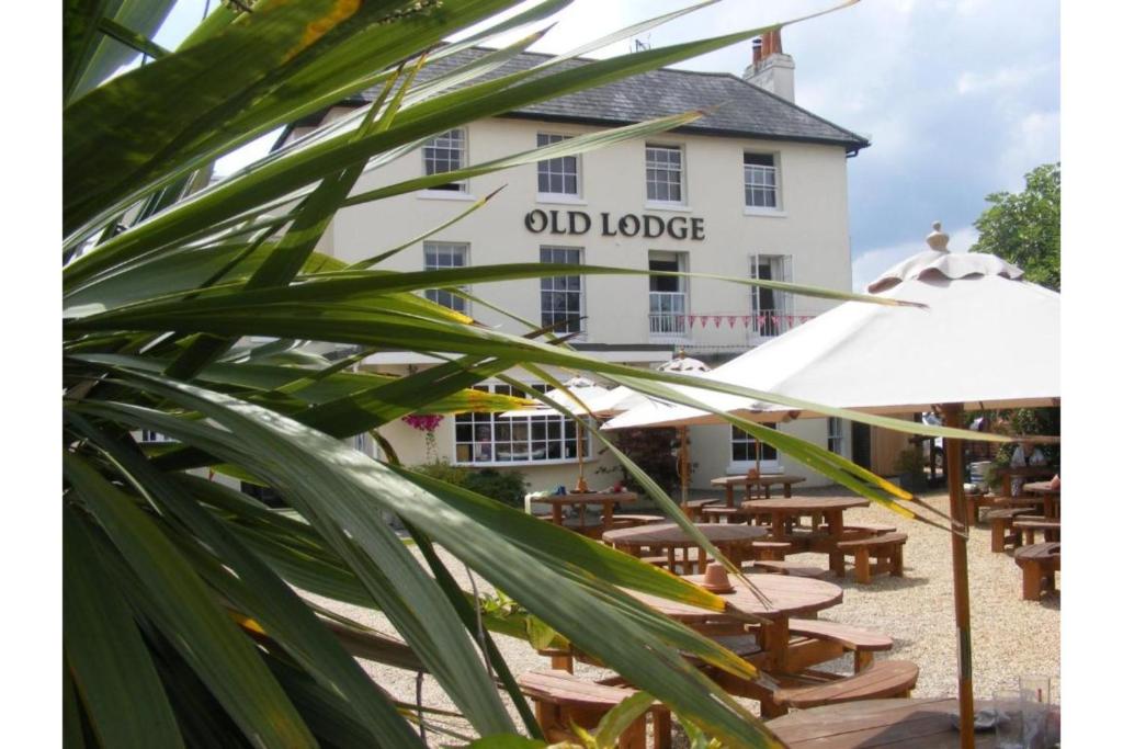 
a restaurant with tables, chairs and umbrellas at OYO The Old Lodge in Gosport
