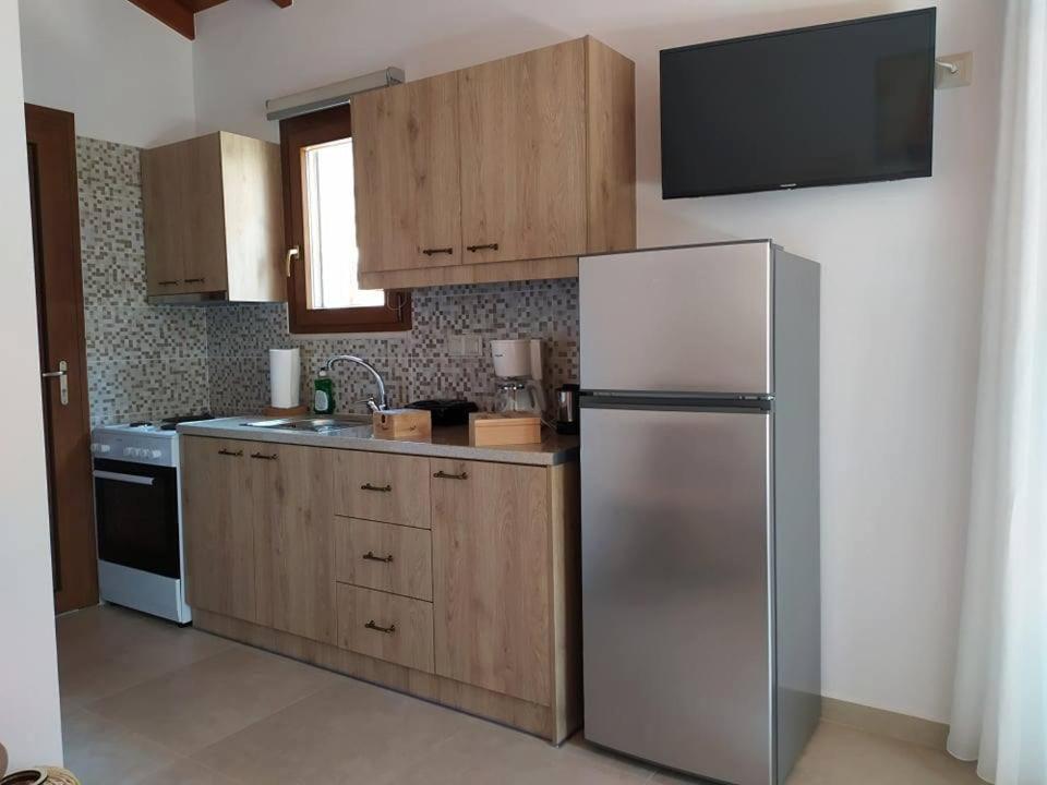 una cucina con frigorifero in acciaio inossidabile e mobili in legno di Villa Arktos a Nydri