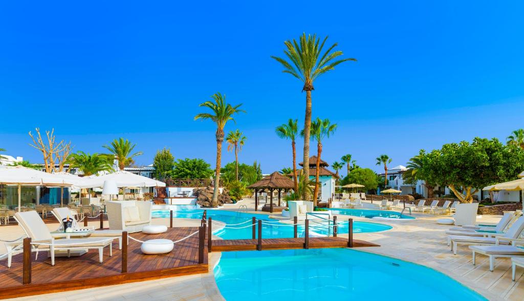 ein Resortpool mit weißen Stühlen und Palmen in der Unterkunft Boutique Hotel H10 White Suites - Adults Only in Playa Blanca