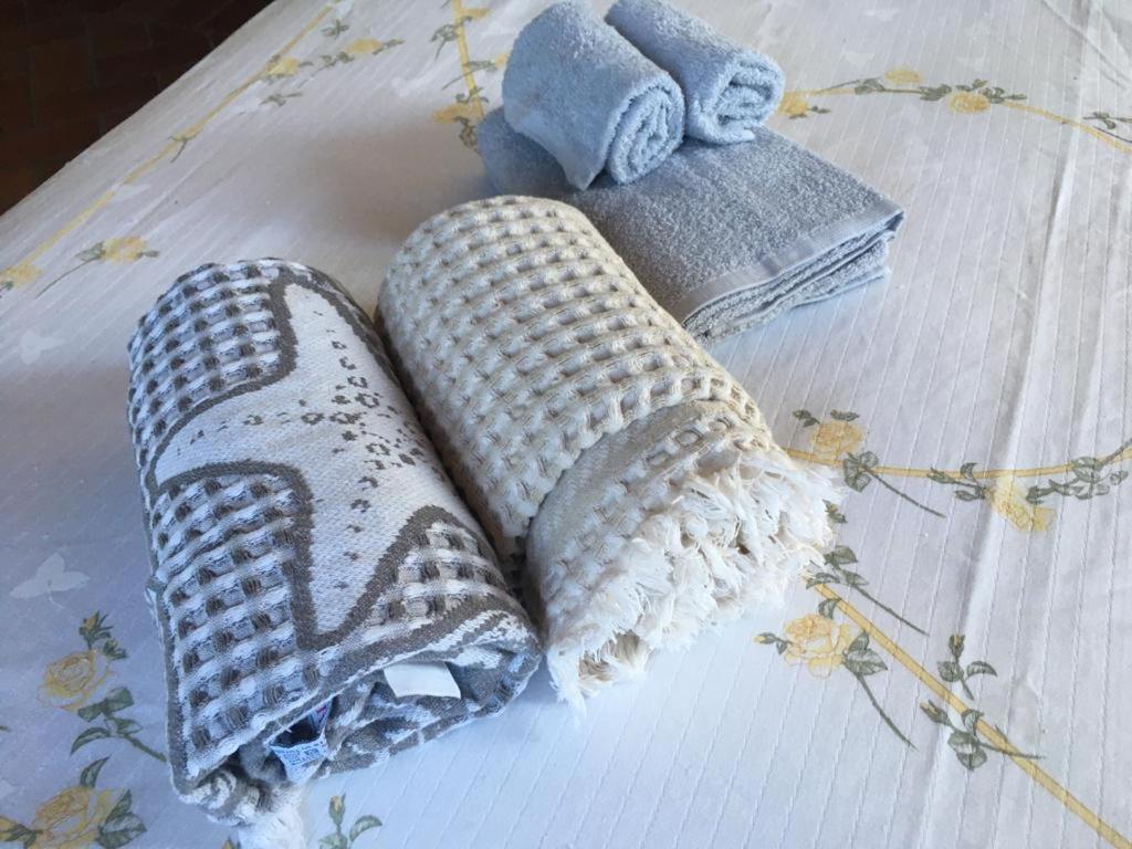 two knitted towels and towels on a table at L'Aia degli olivi in Vada