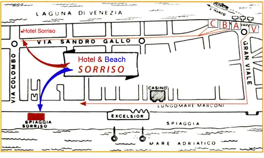 a map showing the location of the hotel and beach at Hotel Sorriso in Venice-Lido