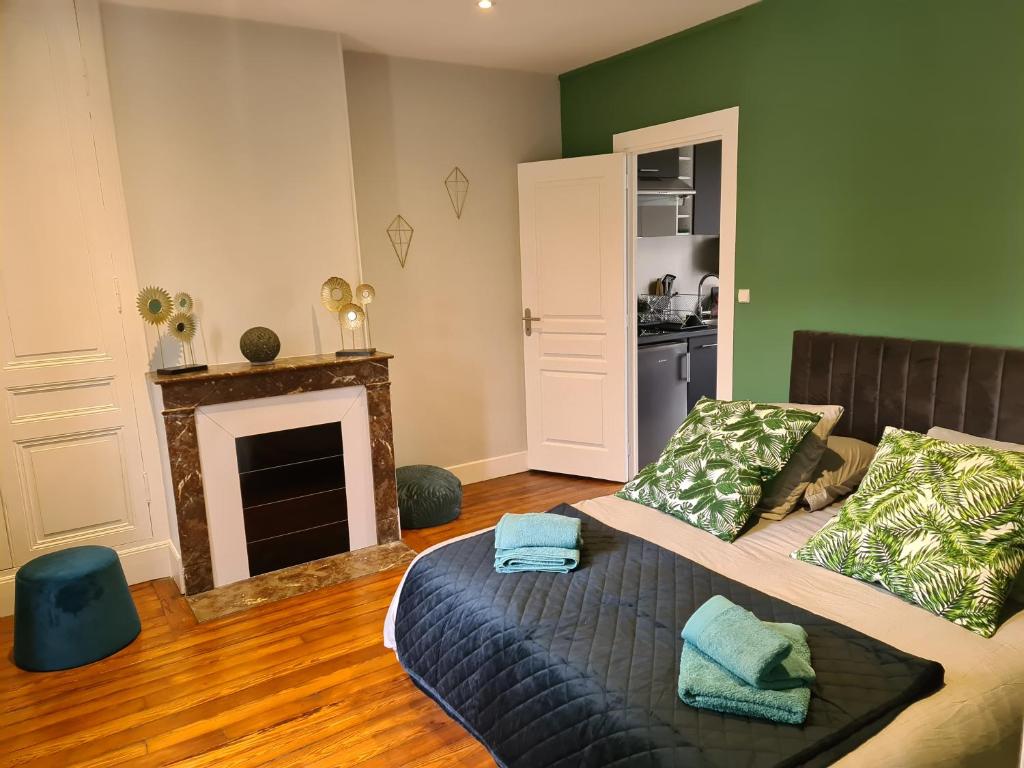 uma sala de estar com uma cama e uma lareira em LV Patton em Chartres