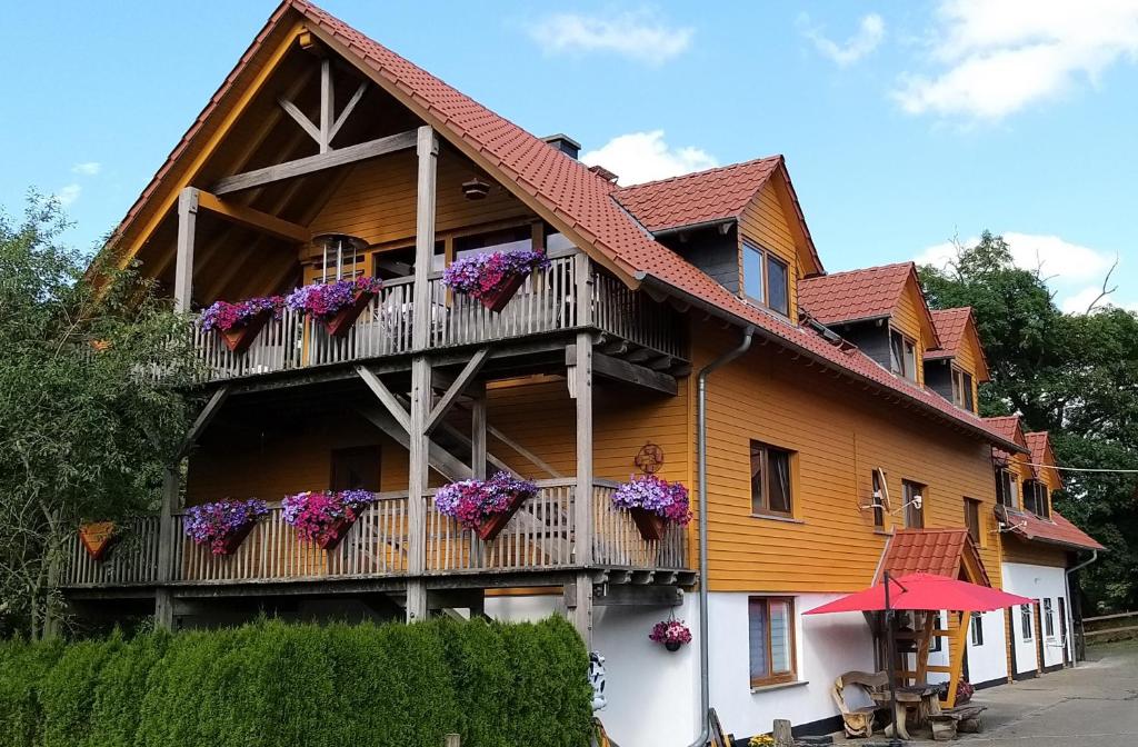 a house with flower boxes on the balcony at Betzemühle 2 Bauernhof in Altenschlirf