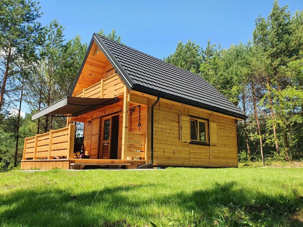 a small wooden cabin in a field of grass at Bajka Domek na Roztoczu in Bondyrz