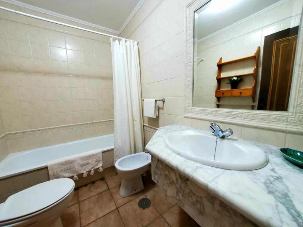 a bathroom with a sink and a toilet and a mirror at Apartamentos Turísticos Rosa in Ribadeo