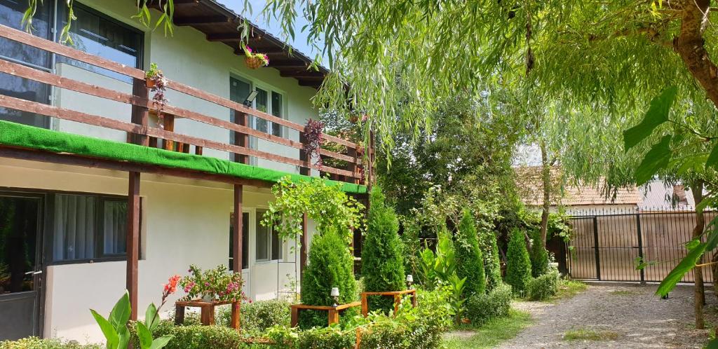 a house with a green roof and a tree at Vila Curtea de Arges in Curtea de Argeş