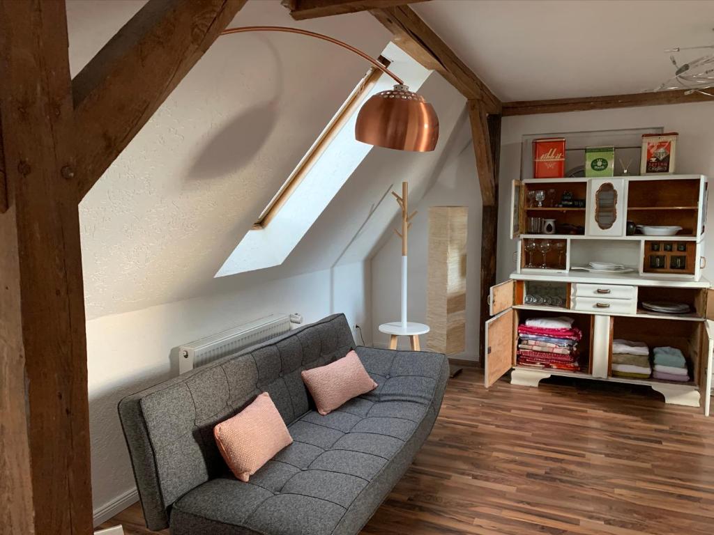 a living room with a gray couch with pink pillows at Das Haus am Teich in Besitz