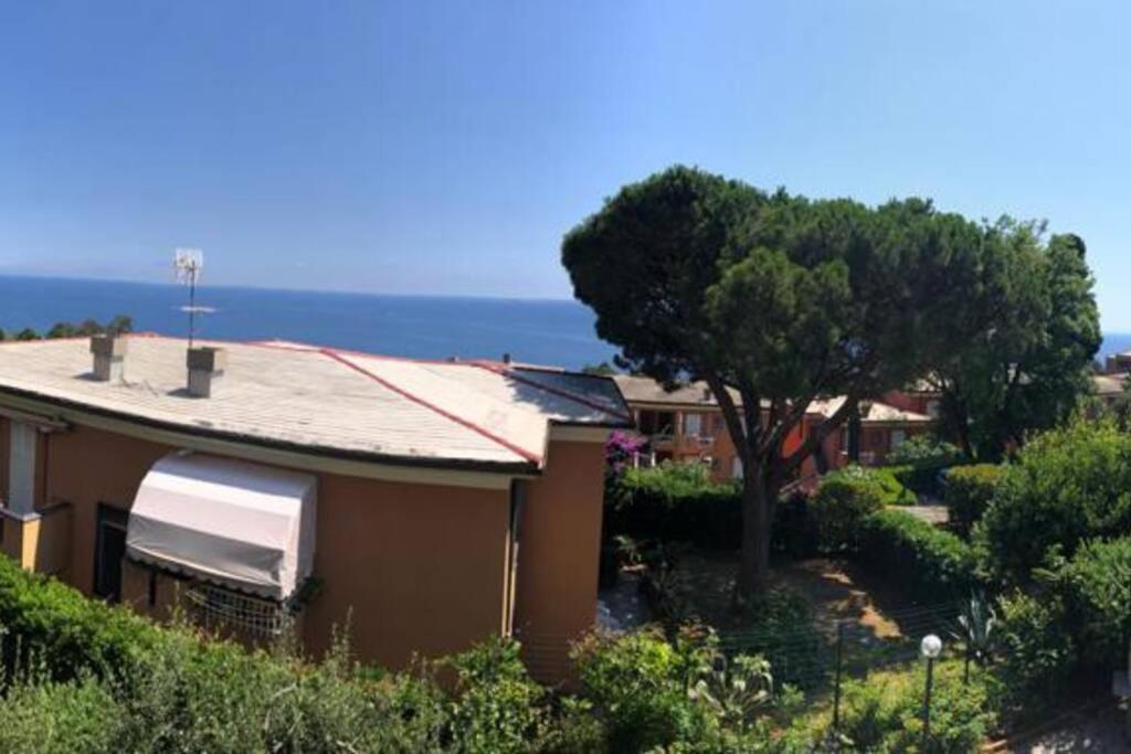 a house with a tree and the ocean in the background at Casa SamAsia in Varazze