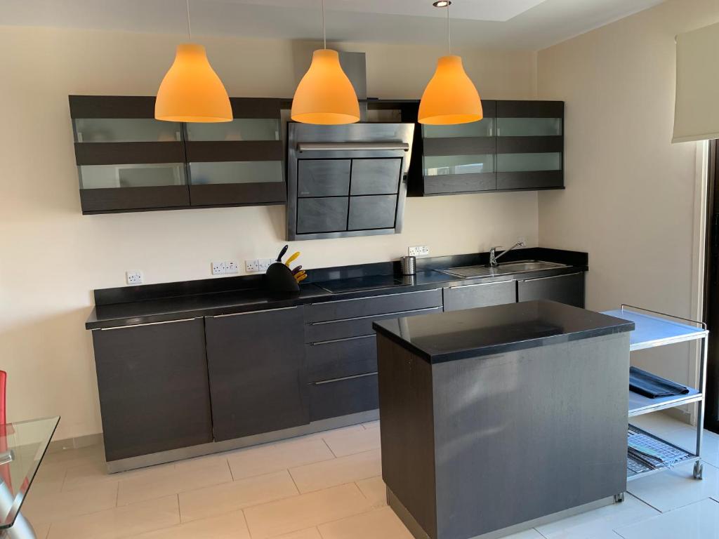 a kitchen with black cabinets and orange pendant lights at Artemis Executive Suite in Larnaca