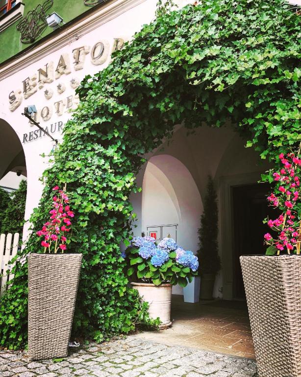 two vases filled with flowers in front of a building at Hotel Senator in Zamość