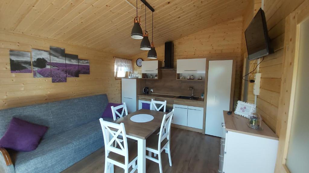 cocina y sala de estar con mesa y sofá en APARTAMENT DOMEK CAŁOROCZNY en Ciechocinek