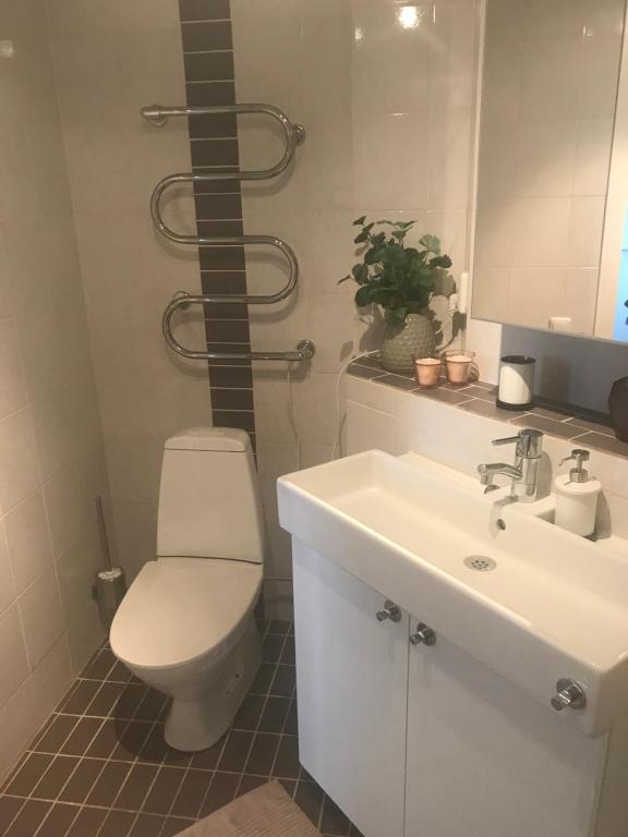 y baño con aseo blanco y lavamanos. en 2 rum och kök på Färjestad, en Karlstad