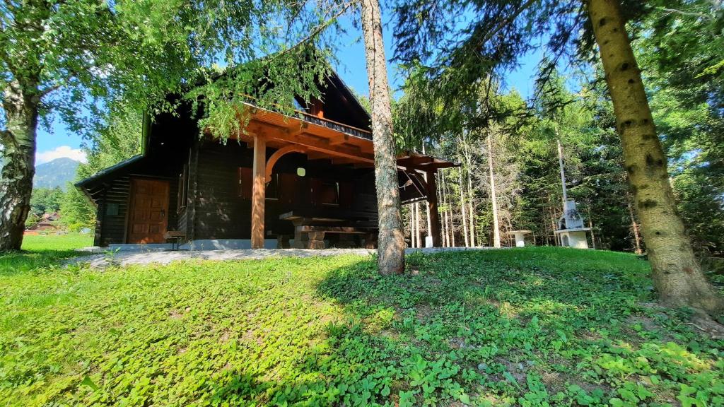 una cabaña de madera en el bosque con árboles en Forrest House en Golnik