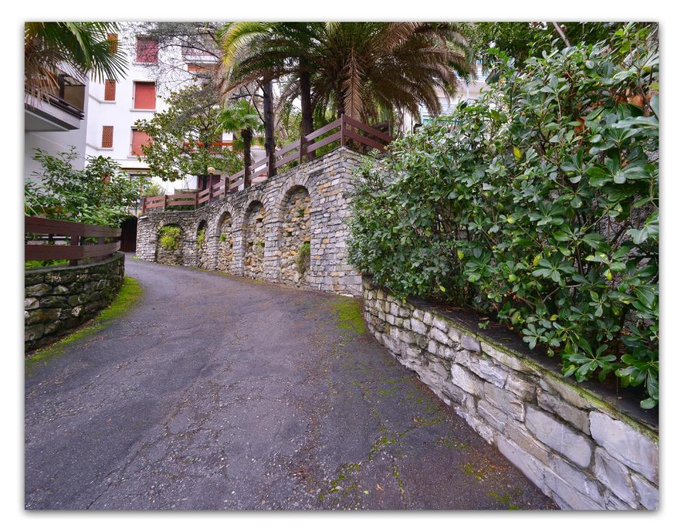 a stone wall next to a street with palm trees at La Terrazza sul Tigullio in Rapallo