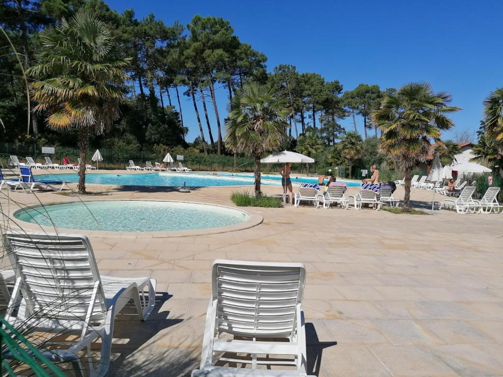 - une piscine avec des chaises, des tables et des palmiers dans l'établissement T2 Antigua Ondres plage avec piscine et tennis, à Ondres