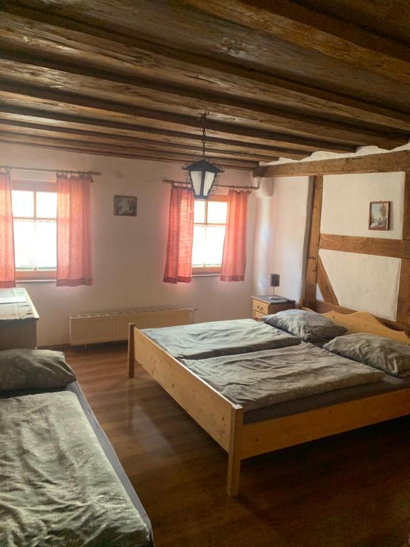 a bedroom with two beds and two windows at Altstadtpension Zirndorf in Zirndorf