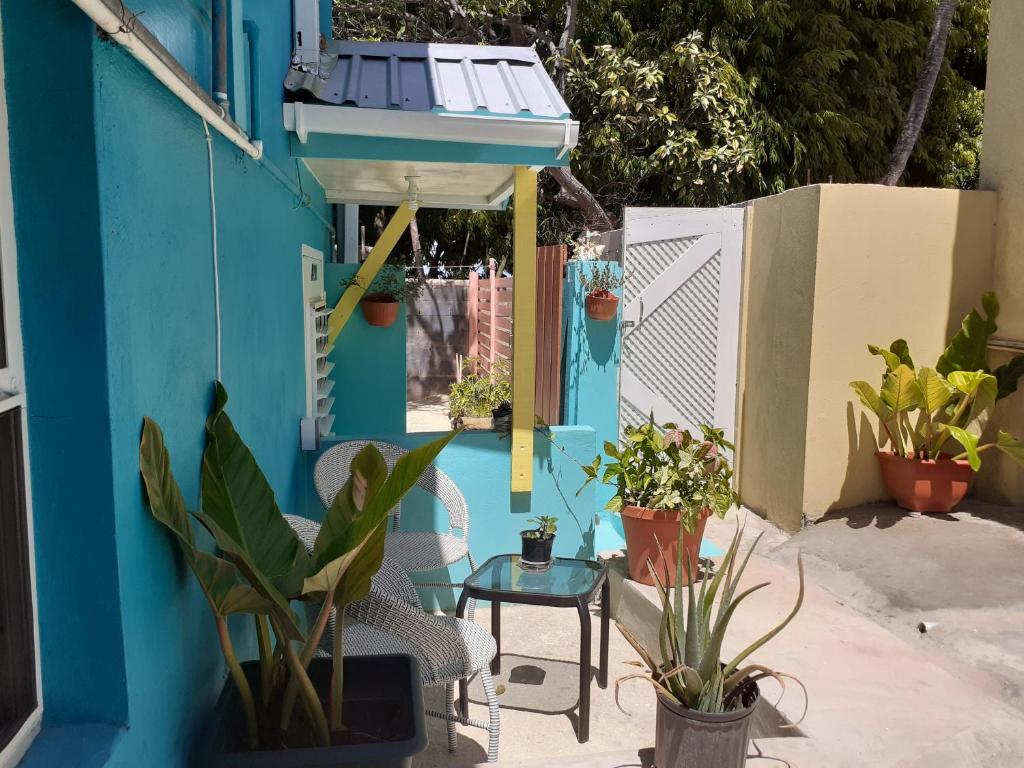 a blue house with plants and a table and chairs at Westskye in Saint James