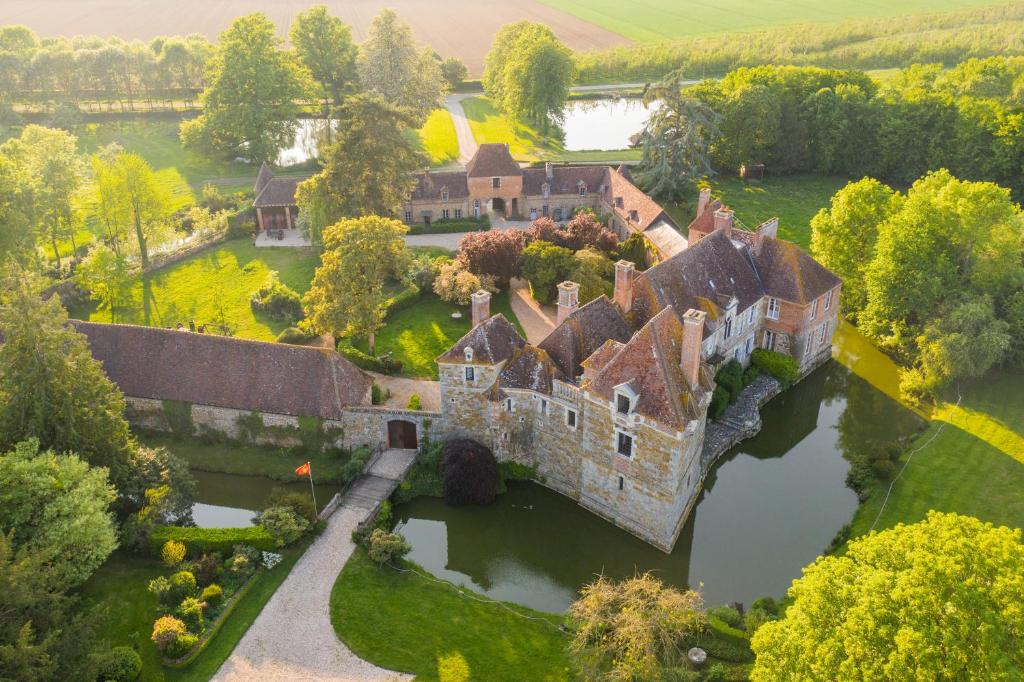 an aerial view of a castle on a lake at Chateau du Blanc Buisson in Saint-Pierre-du-Mesnil
