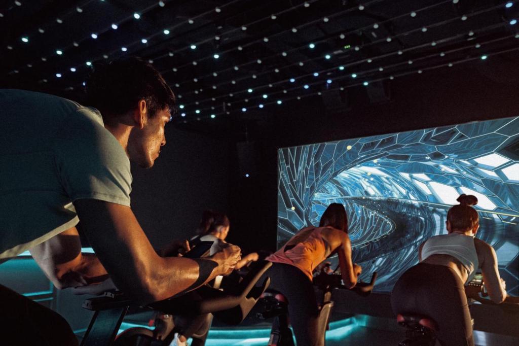 a group of people riding bikes in a gym at Sindhorn Kempinski Hotel Bangkok in Bangkok