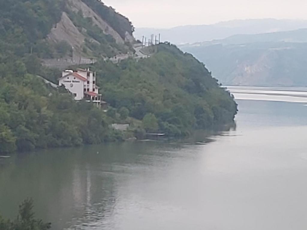 a house on a hill next to a body of water at CONACUL SARBESC in Sviniţa