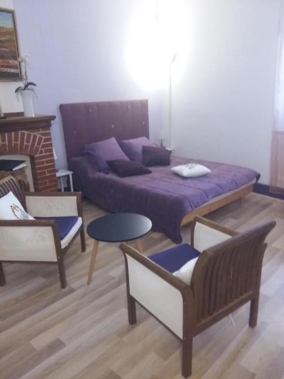 a bedroom with a bed and two chairs and a table at Quai de l ' Arnette in Mazamet