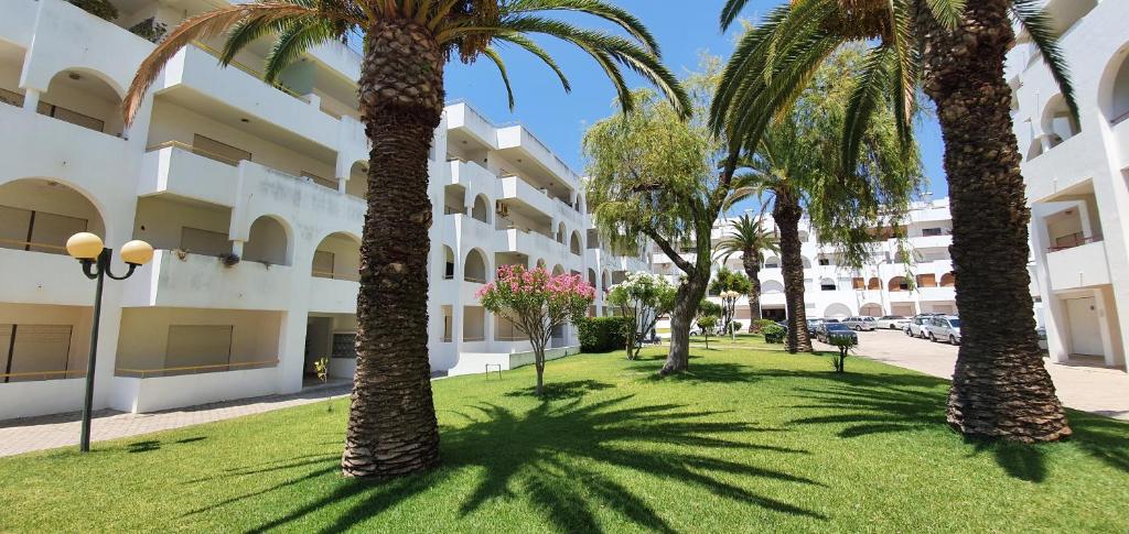 a group of palm trees in front of a building at Casa Angela, 180m from the beach in Porches