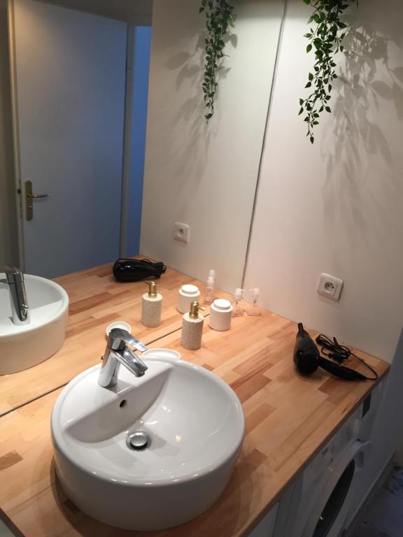 een badkamer met een witte wastafel en een spiegel bij Welcome au Dazzling Stay in Serris
