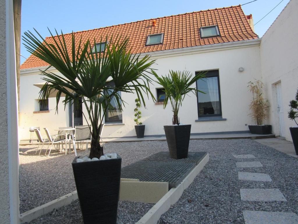 una casa con dos palmeras delante de ella en Gite la Ressource O' Naturel, en Bonningues-lès-Ardres