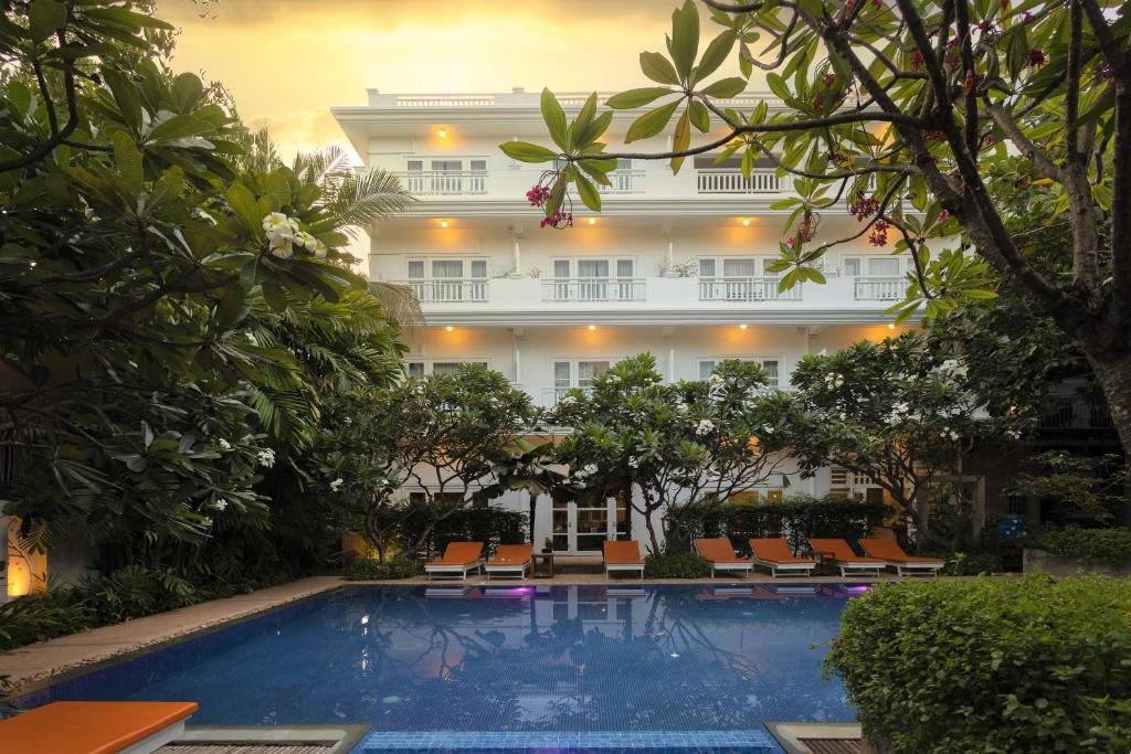 a view of the hotel from the pool at Amber Angkor Villa Hotel & Spa in Siem Reap
