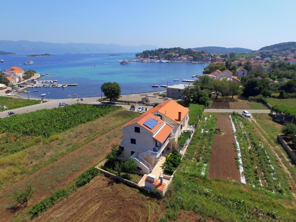 a house on a hill next to a body of water at Apartmani Fides in Lumbarda