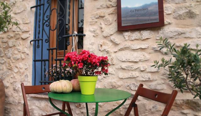 una mesa verde con flores y una calabaza. en Casa Rural Ca Ferminet & Cabañas de montaña La Garriga en Benisili