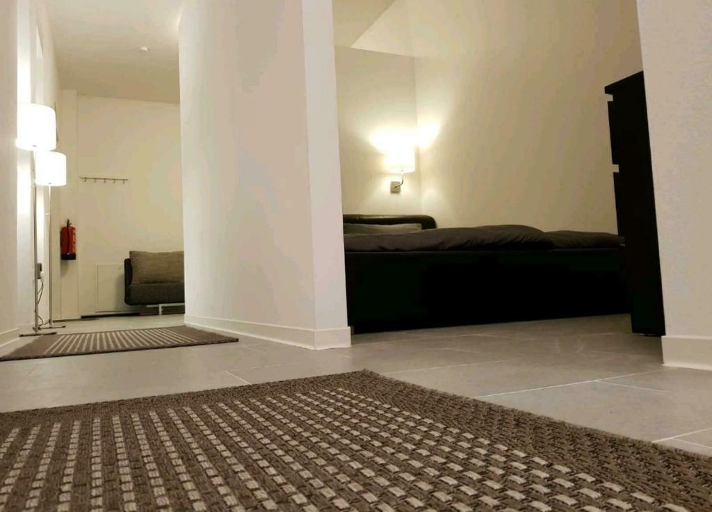 ein Schlafzimmer mit einem Bett, einem Sofa und einem Teppich in der Unterkunft Altenbeken- Ferienwohnung in Altenbeken