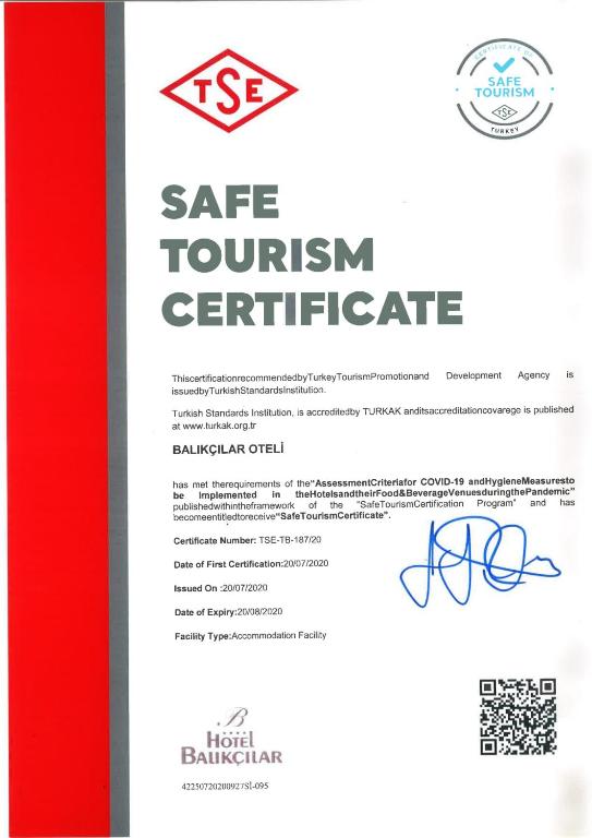 Certifikát, hodnocení, plakát nebo jiný dokument vystavený v ubytování Balikcilar Hotel