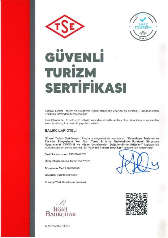 Certifikát, hodnocení, plakát nebo jiný dokument vystavený v ubytování Balikcilar Hotel