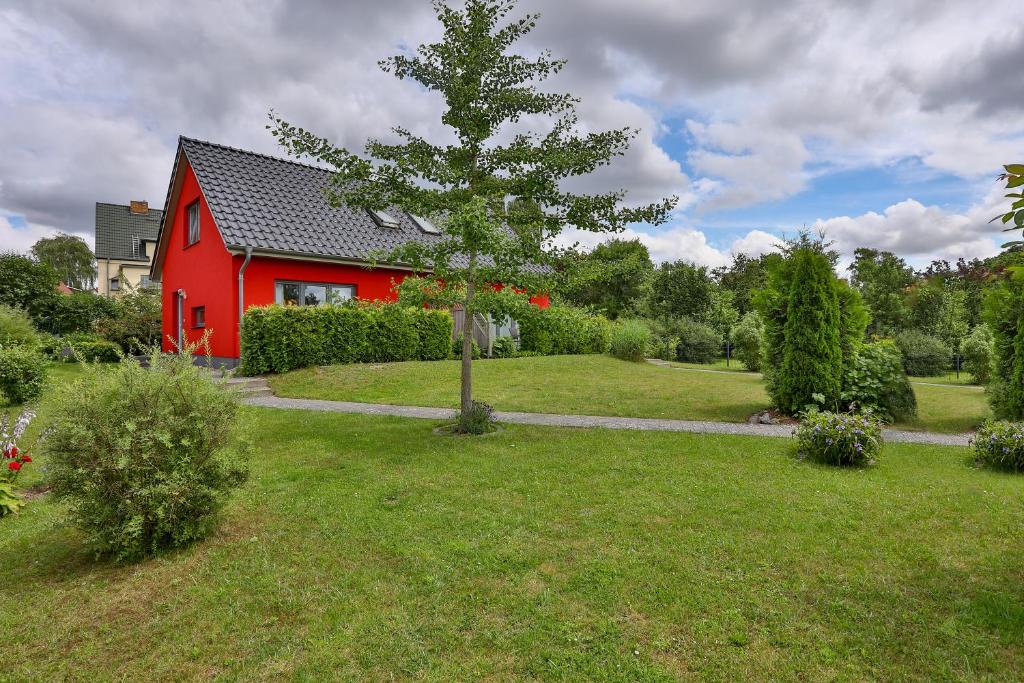 una casa roja con un árbol en un patio en Ferienhäuser Fuchsweg en Stralsund