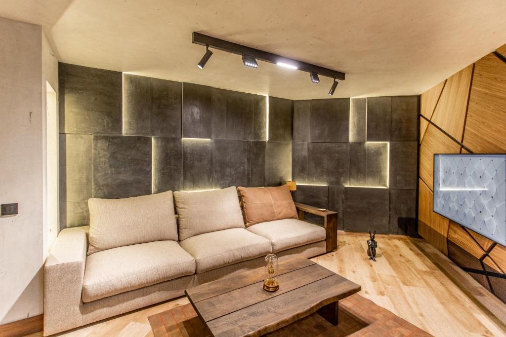 a living room with a couch and a tv at Bella Roe Premium Apartments in Belgrade