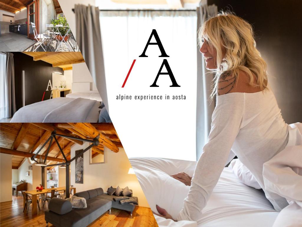 a woman sitting on a bed in a hotel room at Alp Apartments - Tourneuve5 in Aosta