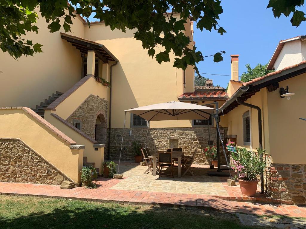 een patio met een tafel en een parasol bij B&B La Loccaia in Ciggiano