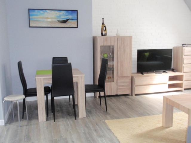 Televízia a/alebo spoločenská miestnosť v ubytovaní Apartament Unii Europejskiej