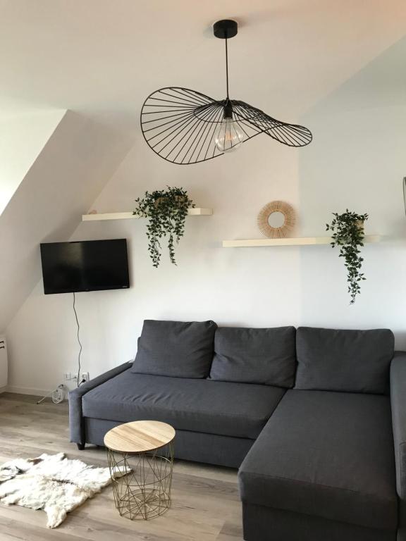 a living room with a blue couch and a table at Chez Edwige à Cabourg thalasso plage WIFI in Cabourg