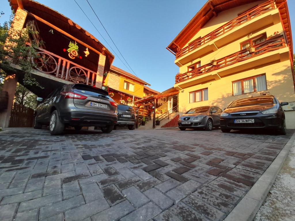 um grupo de carros estacionados numa rua ao lado de edifícios em Pensiunea Mia em Statjunea Borsa