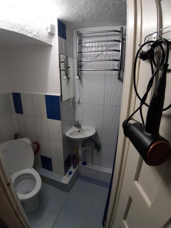 a bathroom with a toilet, sink, and shower stall at Art Hostel in Lviv