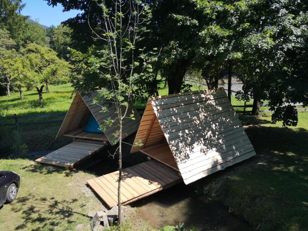 Ljubno的住宿－Kamp na Otoku - Ljubno ob Savinji，一座有屋顶和树的小房子