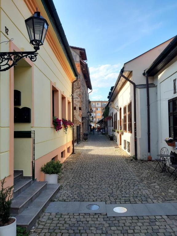 una calle vacía en un viejo pueblo con edificios en Hrnčiarska Apartments en Košice