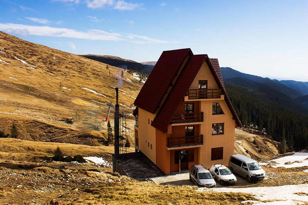 a building with cars parked in front of it on a hill at Cabana Andreea Telescaun in Ranca