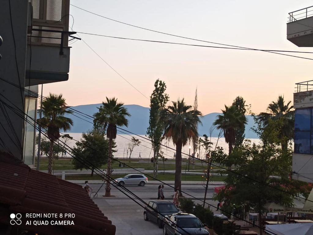 - une vue sur une rue bordée de palmiers et un bâtiment dans l'établissement Vivi la tua vacanza con l'appartamento 1 di Ervin! Enjoy your holiday with Ervin's apartment 1!, à Vlorë