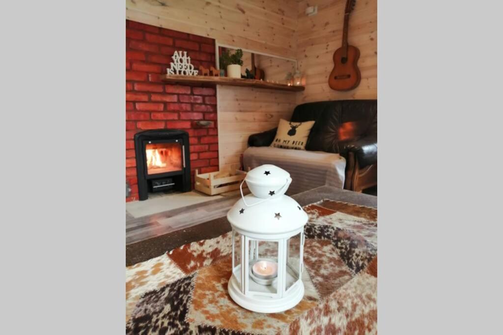uma sala de estar com um sofá e uma lareira em Charming Sauna Cottage in a Horse Ranch em Lieplaukė