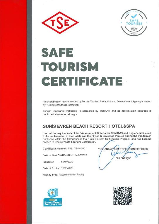 Certifikát, hodnocení, plakát nebo jiný dokument vystavený v ubytování Sunis Evren Beach Resort Hotel & Spa
